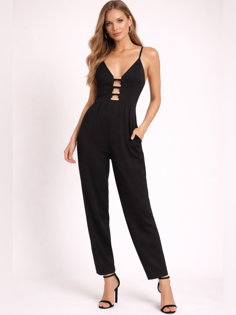 Bebe Women’s Black Trouser Playsuit with Gold Accents Size Medium